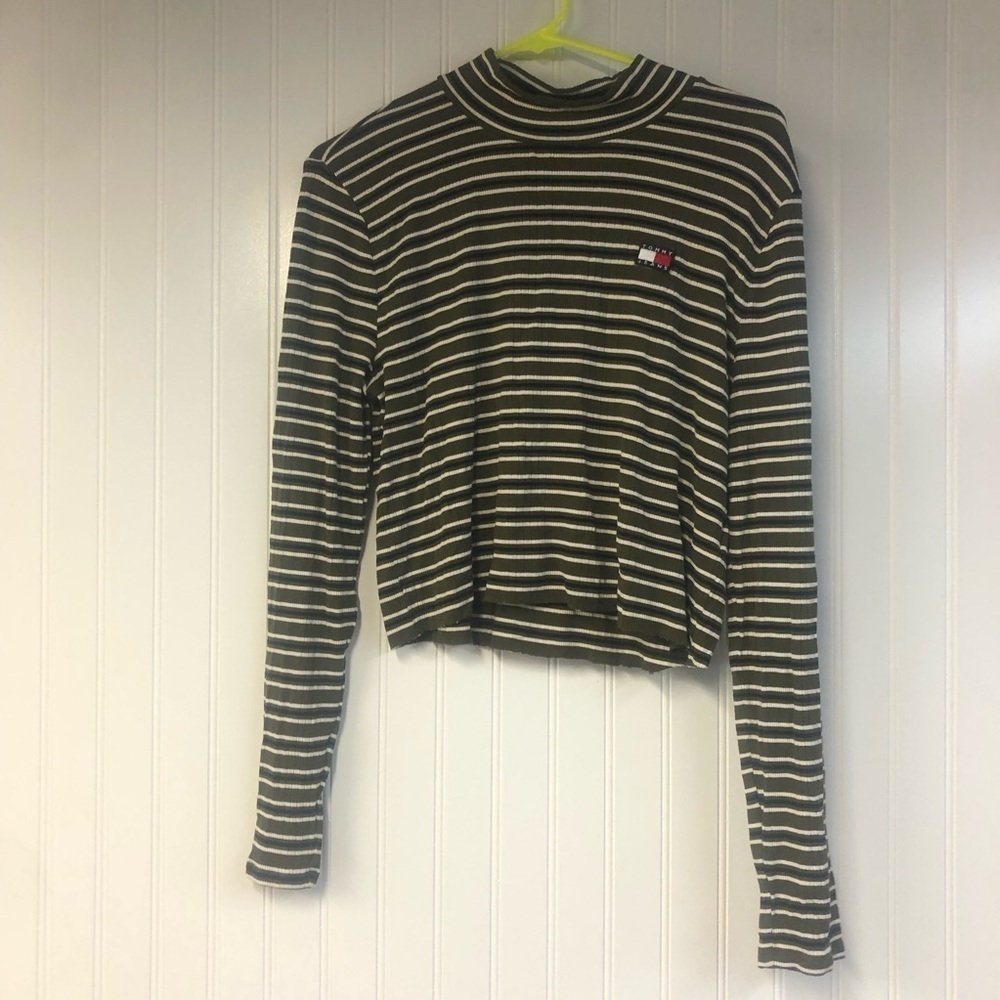 Tommy Hilfiger Tommy Jeans Striped Long Sleeve Top Cut Off XL Green